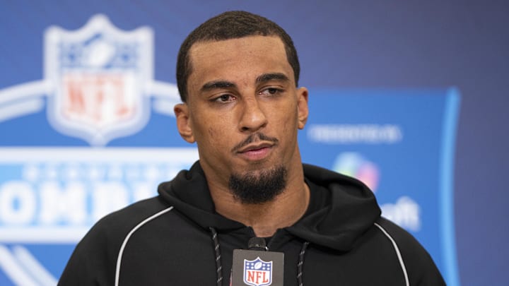 Feb 26, 2026; Indianapolis, IN, USA; Oregon defensive back Jadon Canady (DB03) speaks to members of the media during the NFL Combine at the Indiana Convention Center. Mandatory Credit: Jacob Musselman-Imagn Images