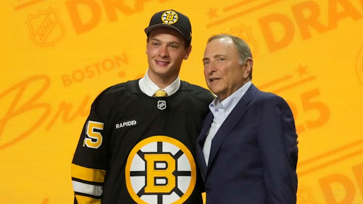 Jun 27, 2025; Los Angeles, California, USA; James Hagens is selected as the seventh overall pick to the Boston Bruins in the first round of the 2025 NHL Draft at Peacock Theater. Mandatory Credit: Kirby Lee-Imagn Images