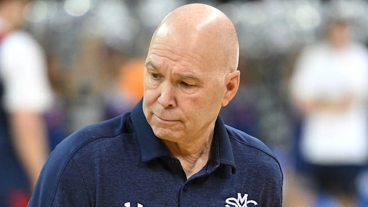 Mar 21, 2024; Spokane, WA, USA; St. Mary's Gaels head coach Randy Bennett during practice at Spokane Veterans Memorial Arena. Mandatory Credit: James Snook-Imagn Images