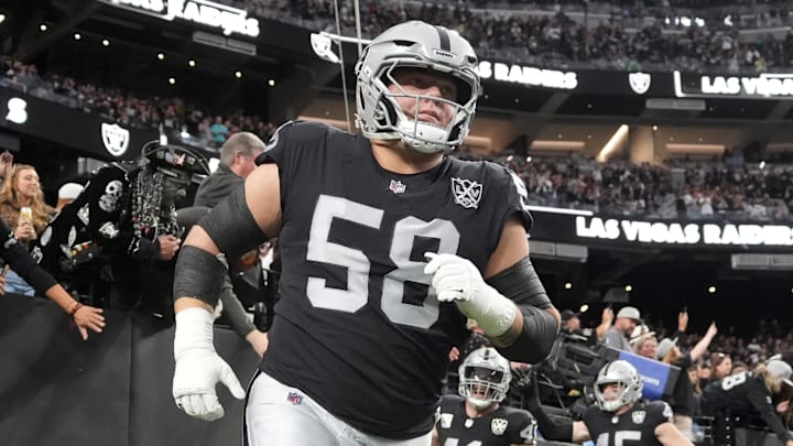Dec 22, 2024; Paradise, Nevada, USA; Las Vegas Raiders guard Jackson Powers-Johnson (58) enters the field before the game against the Jacksonville Jaguars at Allegiant Stadium. Mandatory Credit: Kirby Lee-Imagn Images Dec 22, 2024; Paradise, Nevada, USA; Las Vegas Raiders guard Jackson Powers-Johnson (58) enters the field before the game against the Jacksonville Jaguars at Allegiant Stadium. Mandatory Credit: Kirby Lee-Imagn Images