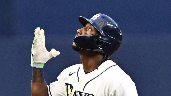 Aug 17, 2026; St. Petersburg, Florida, USA; Tampa Bay Rays shortstop Jorge Mateo (9) reacts after hitting a two-run home run in the fourth inning against the Baltimore Orioles at Tropicana Field. Mandatory Credit: Jonathan Dyer-Imagn Images