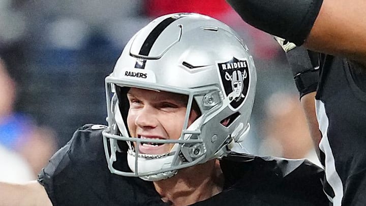 Jan 4, 2026; Paradise, Nevada, USA; Las Vegas Raiders place kicker Daniel Carlson (8) celebrates with team mates after making a 60-yard field goal against the Kansas City Chiefs late in the fourth quarter at Allegiant Stadium. Mandatory Credit: Stephen R. Sylvanie-Imagn Images