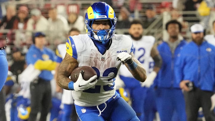 Dec 12, 2024; Santa Clara, California, USA; Los Angeles Rams running back Kyren Williams (23) carries the ball against the San Francisco 49ers during the third quarter at Levi's Stadium. Mandatory Credit: Kelley L Cox-Imagn Images