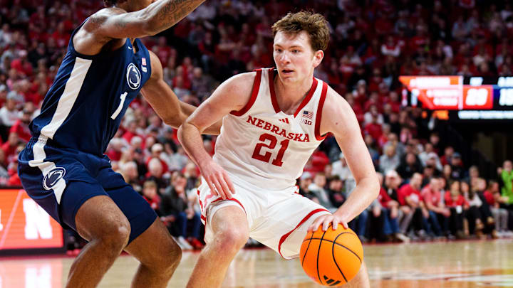 Nebraska forward Pryce Sandfort (21) poured in a career-high 33 points in the blowout win against Penn State.