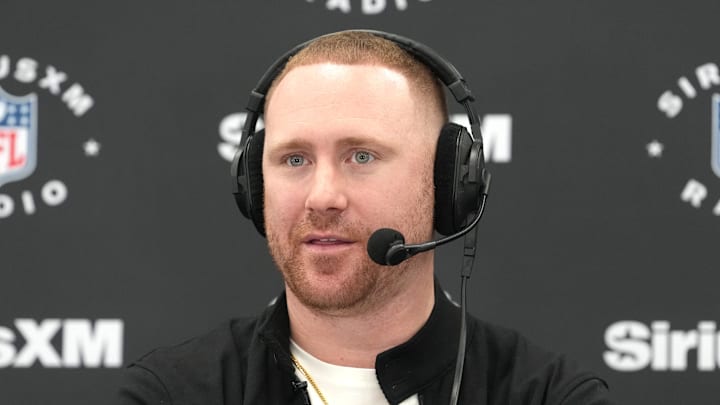 Feb 24, 2026; Indianapolis, IN, USA; Buffalo Bills coach Joe Brady on the SiriusXM NFL Radio set at the NFL Scouting Combine at the Indiana Convention Center. Mandatory Credit: Kirby Lee-Imagn Images