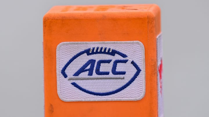 Sep 6, 2025; Dallas, Texas, USA; A view of the ACC logo on an end zone pylon during the game between the SMU Mustangs and the Baylor Bears at Gerald J. Ford Stadium. Mandatory Credit: Jerome Miron-Imagn Images