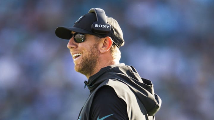 Nov 16, 2025; Jacksonville, Florida, USA; Jacksonville Jaguars head coach Liam Coen reacts to a play against the Los Angeles Chargers d31 at EverBank Stadium. Mandatory Credit: Morgan Tencza-Imagn Images