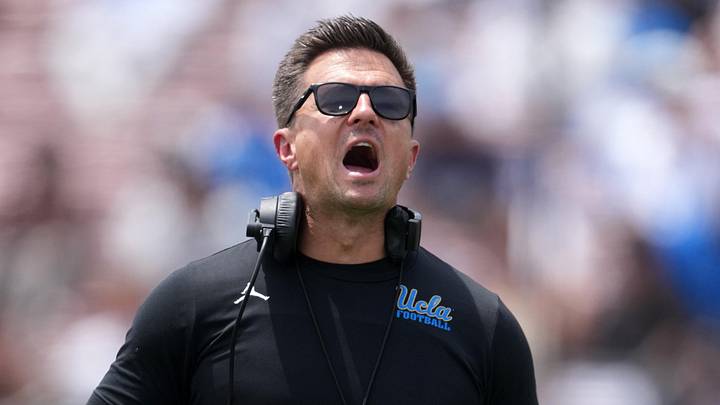 May 2, 2026; Pasadena, CA, USA; UCLA Bruins coach Bob Chesney reacts during the spring game at Rose Bowl. Mandatory Credit: Kirby Lee-Imagn Images May 2, 2026; Pasadena, CA, USA; UCLA Bruins coach Bob Chesney reacts during the spring game at Rose Bowl. Mandatory Credit: Kirby Lee-Imagn Images