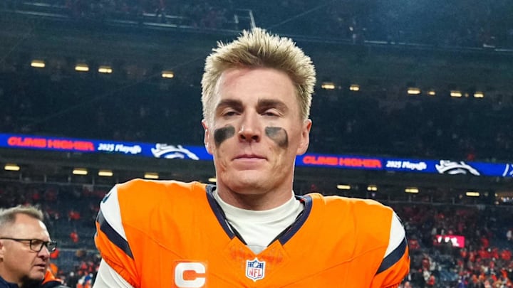 Jan 17, 2026; Denver, CO, USA; Denver Broncos quarterback Bo Nix (10) reacts after winning an AFC Divisional Round playoff game against the Buffalo Bills at Empower Field at Mile High. Mandatory Credit: Ron Chenoy-Imagn Images