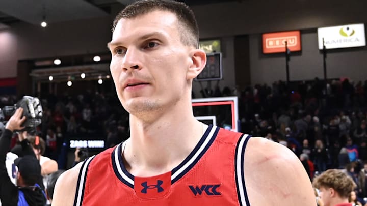 Jan 31, 2026; Spokane, Washington, USA; Saint Mary's Gaels forward Paulius Murauskas (23) walks off the court after a game against the Gonzaga Bulldogs at McCarthey Athletic Center. Gonzaga Bulldogs won 73-65. Mandatory Credit: James Snook-Imagn Images