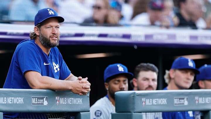 Los Angeles Dodgers pitcher Clayton Kershaw (22) looks on from the dugout in the first inning against the Colorado Rockies at Coors Field on Aug. 18.
