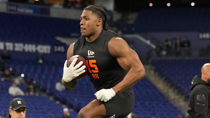 Feb 28, 2026; Indianapolis, IN, USA; Notre Dame running back Jadarian Price (RB15) during the NFL Scouting Combine at Lucas Oil Stadium. Mandatory Credit: Kirby Lee-Imagn Images