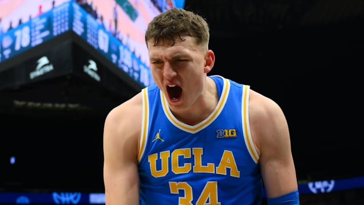 Dec 13, 2025; Seattle, Washington, USA; UCLA Bruins forward Tyler Bilodeau (34) reacts to making a basket against the Gonzaga Bulldogs during the second half at Climate Pledge Arena. Mandatory Credit: Steven Bisig-Imagn Images