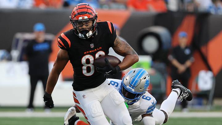 Cincinnati Bengals wide receiver Andrei Iosivas (80) breaks loose of a tackle attempt by Terrion Arnold (6)