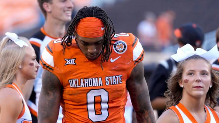 Oklahoma State Cowboys running back Ollie Gordon II (0) walks off the field after a college football game between the Oklahoma State Cowboys (OSU) and the West Virginia Mountaineers at Boone Pickens Stadium in Stillwater, Okla., Saturday, Oct. 5, 2024.