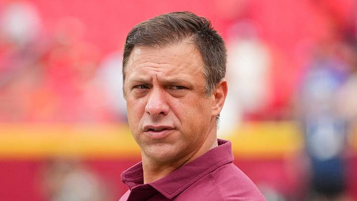 Aug 15, 2026; Kansas City, Missouri, USA; Kansas City Chiefs general manager Brett Veach watches warmups against the Los Angeles Rams prior to a pre season at Arrowhead Stadium. Mandatory Credit: Denny Medley-Imagn Images