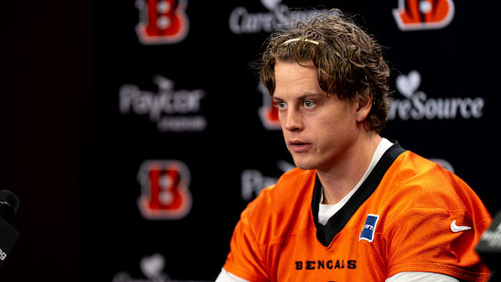 Cincinnati Bengals quarterback Joe Burrow speaks at a press conference at Paycor Stadium in Cincinnati on Nov. 25, 2025.