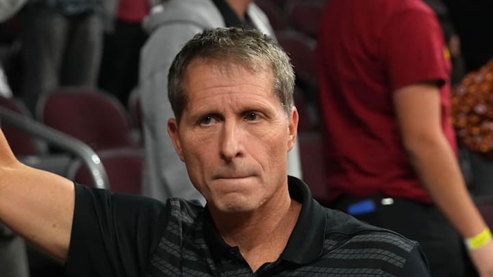 Dec 17, 2025; Los Angeles, California, USA; Southern California Trojans head coach Eric Musselman holds up Fight On sign after victory against the UTSA Roadrunners at the Galen Center. Mandatory Credit: Kirby Lee-Imagn Images