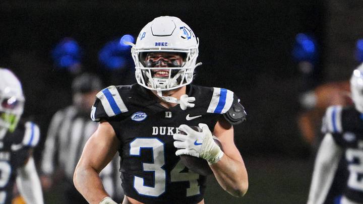 Nov 29, 2025; Durham, North Carolina, USA;  Duke Blue Devils linebacker Luke Mergott (34) reacts after recovering a fumble against the Wake Forest Demon Deacons during the fourth quarter at Wallace Wade Stadium. Mandatory Credit: Zachary Taft-Imagn Images