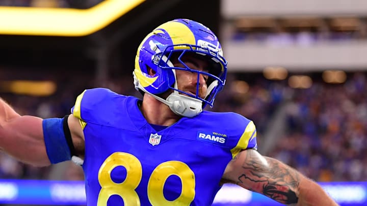 Jan 4, 2026; Inglewood, California, USA;  Los Angeles Rams tight end Tyler Higbee (89) spikes the ball after scoring a touchdown against the Arizona Cardinals during the second half at SoFi Stadium. Mandatory Credit: Gary A. Vasquez-Imagn Images
