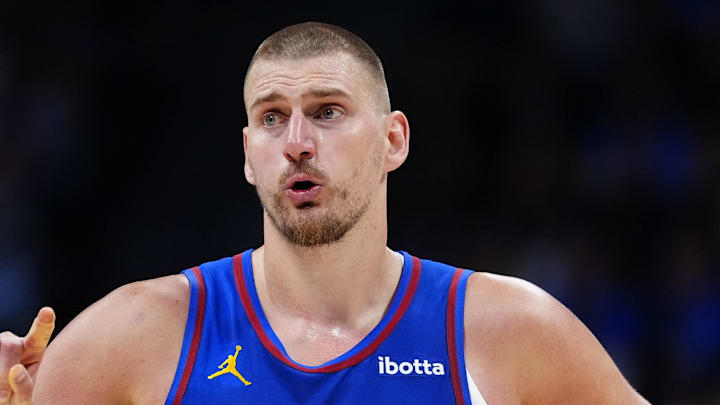 Apr 20, 2026; Denver, Colorado, USA; Denver Nuggets center Nikola Jokic (15) reacts towards the bench in the second half against the Minnesota Timberwolves during game two of the first round of the 2026 NBA Playoffs at Ball Arena. Mandatory Credit: Ron Chenoy-Imagn Images