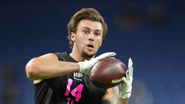 Feb 27, 2026; Indianapolis, IN, USA; Michigan tight end Marlin Klein (TE14) during the NFL Scouting Combine at Lucas Oil Stadium. Mandatory Credit: Kirby Lee-Imagn Images