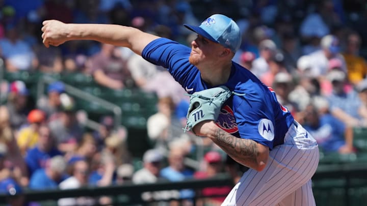 Mar 21, 2025; Mesa, Arizona, USA; Chicago Cubs pitcher Cade Horton throws against the San Diego Padres in the first inning at Sloan Park