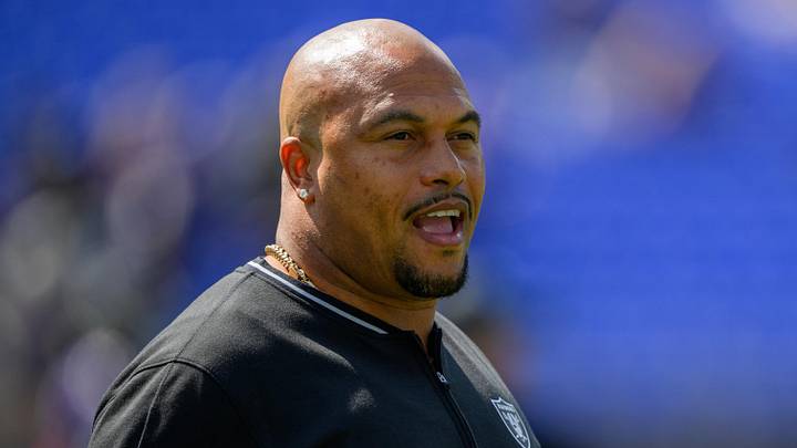 Sep 15, 2024; Baltimore, Maryland, USA; Las Vegas Raiders head coach Antonio Pierce during warms up before a game against the Baltimore Ravens at M&T Bank Stadium. Mandatory Credit: Reggie Hildred-Imagn Images