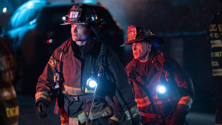 CHICAGO FIRE -- "Post-Mortem" Episode 13018 -- Pictured: (l-r) Michael Bradway As Jack Damon, David Eigenberg as Christopher Herrmann 