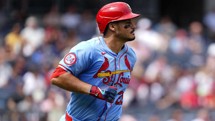 Aug 31, 2024; Bronx, New York, USA; St. Louis Cardinals third baseman Nolan Arenado (28) runs out a single against the New York Yankees during the third inning at Yankee Stadium Aug 31, 2024; Bronx, New York, USA; St. Louis Cardinals third baseman Nolan Arenado (28) runs out a single against the New York Yankees during the third inning at Yankee Stadium