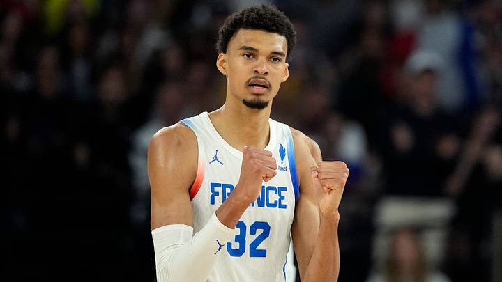 Aug 8, 2024; Paris, France; France power forward Victor Wembanyama (32) reacts during the first half against Germany in a men's basketball semifinal game during the Paris 2024 Olympic Summer Games at Accor Arena. Mandatory Credit: Kyle Terada-USA TODAY Sports Aug 8, 2024; Paris, France; France power forward Victor Wembanyama (32) reacts during the first half against Germany in a men's basketball semifinal game during the Paris 2024 Olympic Summer Games at Accor Arena. Mandatory Credit: Kyle Terada-USA TODAY Sports
