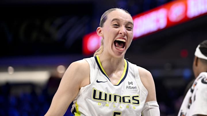 Sep 11, 2025; Arlington, Texas, USA; Dallas Wings guard Paige Bueckers (5) celebrates after the game against the Phoenix Mercury at College Park Center. Mandatory Credit: Jerome Miron-Imagn Images