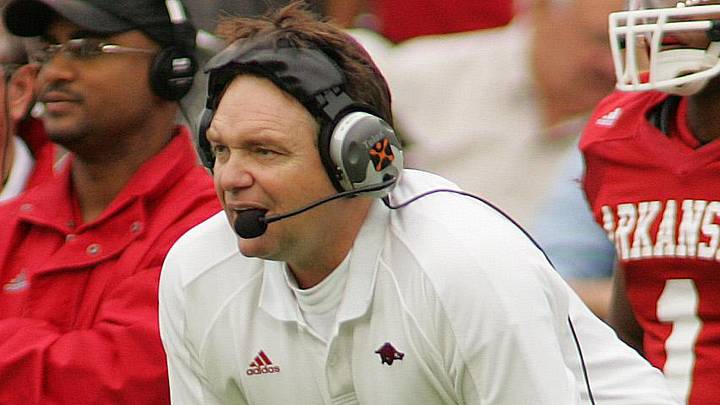 Former Arkansas Razorbacks coach Houston Nutt watches his team from the sidelines in the first half of action against Louisiana State Tigers Friday Nov. 25, 2005 at Tiger Stadium. Former Arkansas Razorbacks coach Houston Nutt watches his team from the sidelines in the first half of action against Louisiana State Tigers Friday Nov. 25, 2005 at Tiger Stadium.
