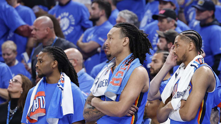 May 9, 2024; Oklahoma City, Oklahoma, USA; The Oklahoma City Thunder bench watch the final minute of their game against the Dallas Mavericks during the second half of game two of the second round for the 2024 NBA playoffs at Paycom Center. Mandatory Credit: Alonzo Adams-Imagn Images May 9, 2024; Oklahoma City, Oklahoma, USA; The Oklahoma City Thunder bench watch the final minute of their game against the Dallas Mavericks during the second half of game two of the second round for the 2024 NBA playoffs at Paycom Center. Mandatory Credit: Alonzo Adams-Imagn Images