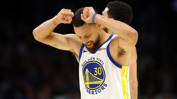 Apr 17, 2026; Phoenix, Arizona, USA; Golden State Warriors guard Stephen Curry (30) reacts against the Phoenix Suns during the first half in the play-in rounds of the 2026 NBA Playoffs at Mortgage Matchup Center. Mandatory Credit: Mark J. Rebilas-Imagn Images