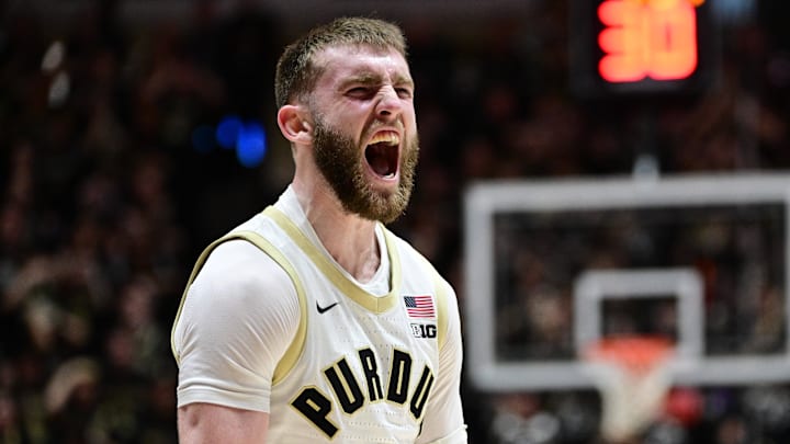 Purdue Boilermakers guard Braden Smith (3) reacts to making  a three-pointer