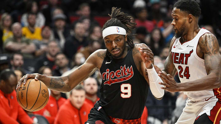 Feb 27, 2024; Portland, Oregon, USA; Portland Trail Blazers forward Jerami Grant (9) drives to the basket during the first half against Miami Heat forward Haywood Highsmith (24) at Moda Center. Mandatory Credit: Troy Wayrynen-USA TODAY Sports