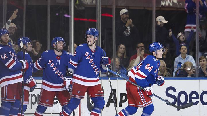 Apr 4, 2026; New York, New York, USA; New York Rangers right wing Gabe Perreault (94) celebrates his second goal against the Detroit Red Wings during the third period at Madison Square Garden. Apr 4, 2026; New York, New York, USA; New York Rangers right wing Gabe Perreault (94) celebrates his second goal against the Detroit Red Wings during the third period at Madison Square Garden.