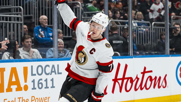 Mar 9, 2026; Vancouver, British Columbia, CAN; Ottawa Senators forward Brady Tkachuk (7) celebrates his goal against the Vancouver Canucks in the third period at Rogers Arena. Mandatory Credit: Bob Frid-Imagn Images
