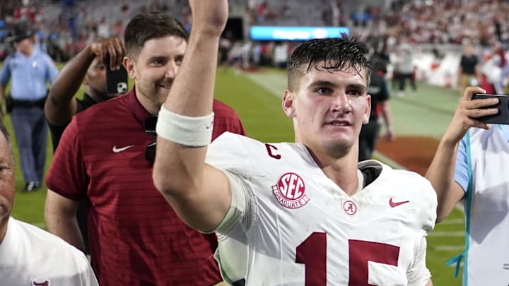 Sep 27, 2025; Athens, Georgia, USA; Alabama Crimson Tide quarterback Ty Simpson (15) celebrates after defeating the Georgia Bulldogs at Sanford Stadium. Mandatory Credit: Dale Zanine-Imagn Images Sep 27, 2025; Athens, Georgia, USA; Alabama Crimson Tide quarterback Ty Simpson (15) celebrates after defeating the Georgia Bulldogs at Sanford Stadium. Mandatory Credit: Dale Zanine-Imagn Images