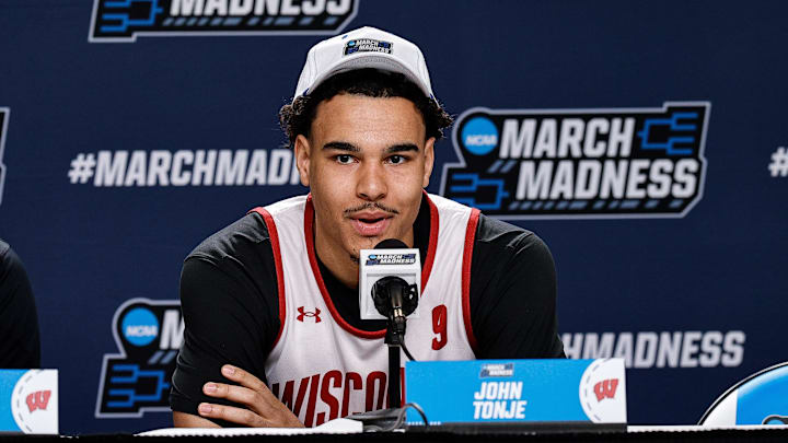 Mar 19, 2025; Denver, CO, USA; Wisconsin Badgers player John Tonje during a press conference at Ball Arena. Mandatory Credit: Isaiah J. Downing-Imagn Images Mar 19, 2025; Denver, CO, USA; Wisconsin Badgers player John Tonje during a press conference at Ball Arena. Mandatory Credit: Isaiah J. Downing-Imagn Images