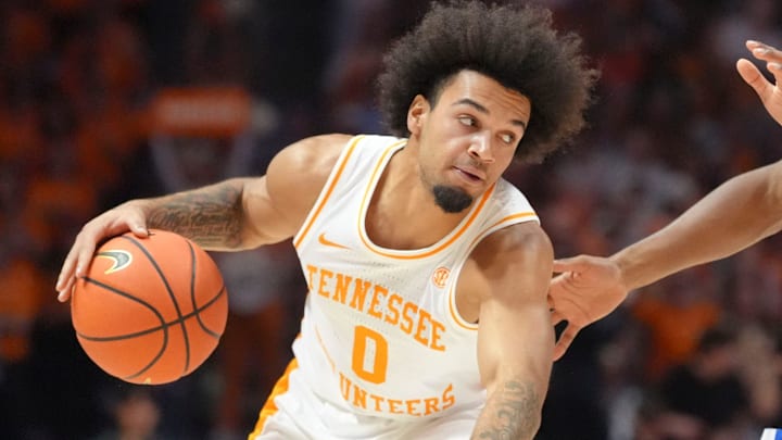 Tennessee guard Ja’Kobi Gillespie (0) moves the ball while guarded by Duke guard Caleb Foster (1) in a college basketball exhibition game on October 26, 2025, in Knoxville, Tenn.
