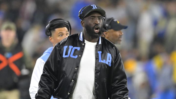 Nov 8, 2024; Pasadena, California, USA;  UCLA Bruins head coach DeShaun Foster on the sidelines during the second half against the the Iowa Hawkeyes at the Rose Bowl. Mandatory Credit: Jayne Kamin-Oncea-Imagn Images