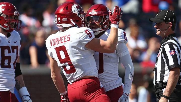 Oct 11, 2025; Oxford, Mississippi, USA; Washington State Cougars running back Kirby Vorhees (9) and wide receiver Tony Freeman (0). Oct 11, 2025; Oxford, Mississippi, USA; Washington State Cougars running back Kirby Vorhees (9) and wide receiver Tony Freeman (0).