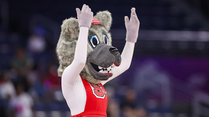 Mar 6, 2026; Duluth, GA, USA; North Carolina State Wolfpack mascot Ms. Wuf on the court against the Notre Dame Fighting Irish in the third quarter at Gas South Arena. Mandatory Credit: Brett Davis-Imagn Images
