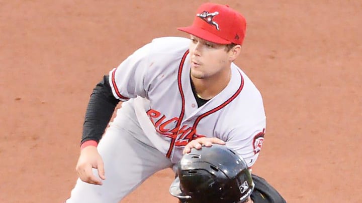 Richmond Flying Squirrels infielder Will Wilson, top, takes a throw as Erie SeaWolves baserunner Eliezer Alfonzo steals second base at UPMC Park in Erie on Sept. 12, 2023.