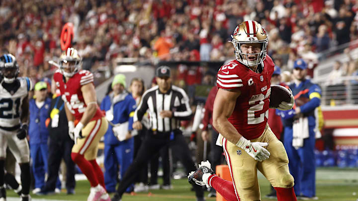 San Francisco 49ers running back Christian McCaffrey logged his 10th game with at least 100 yards from scrimmage this season in Monday's win over the Panthers.