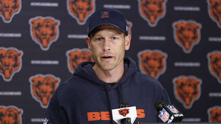 Chicago Bears head coach Ben Johnson (R) speaks during the Rookie Minicamp at Halas Hall