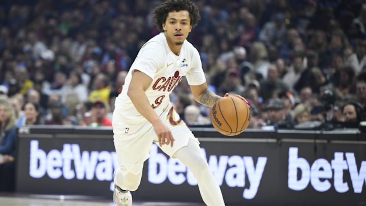 Apr 13, 2025; Cleveland, Ohio, USA; Cleveland Cavaliers guard Craig Porter Jr. (9) dribbles the ball in the first quarter against the Indiana Pacers at Rocket Arena. Mandatory Credit: David Richard-Imagn Images