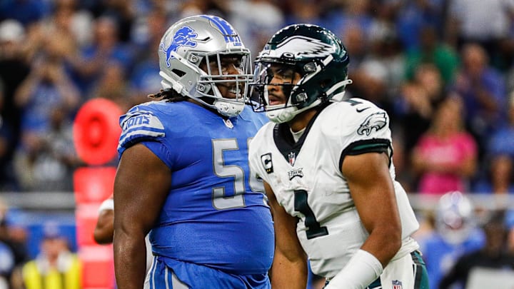 Detroit Lions defensive tackle Alim McNeill (54) reacts to a play against Philadelphia Eagles quarterback Jalen Hurts (1) 